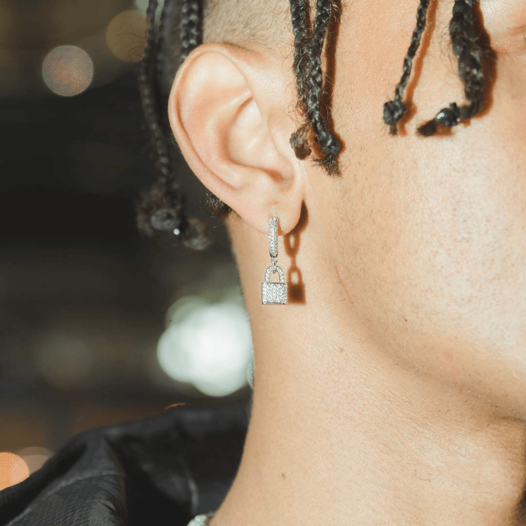 Iced Padlock Earrings - White Gold - Cernucci